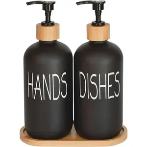 Hand Soap and Dish Soap Dispenser with Bamboo Tray Vintage Soap Dispenser with Pump Matte Black Gift Glass Set Bottles Waterproof Kitchen