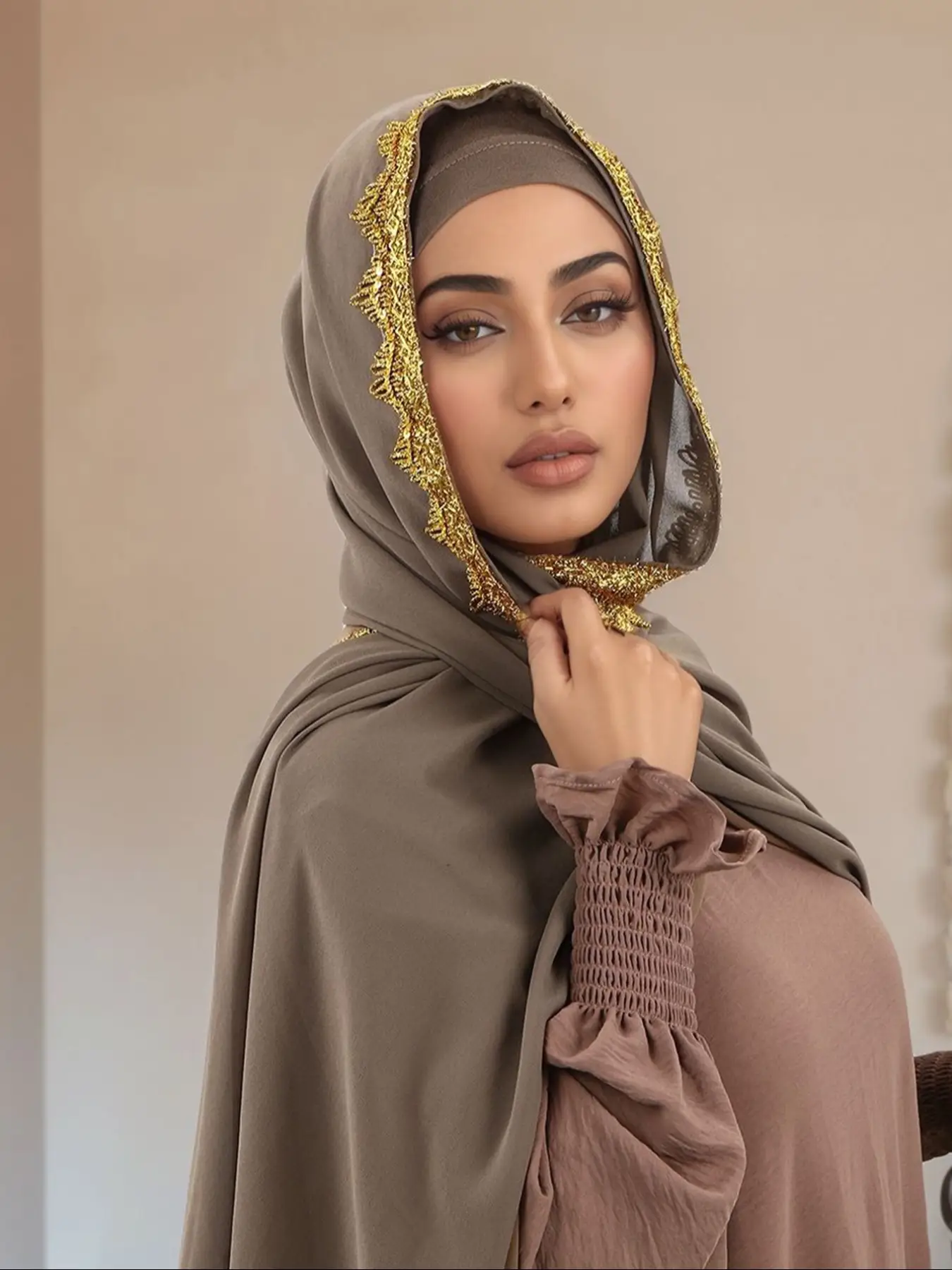 Breathable Chiffon Head Scarf with Gold Crown Sequins Design, Soft Jersey Hijab for Daily Prayer, Evening Events & Gifts