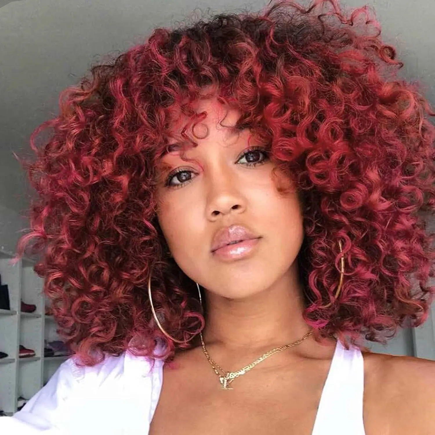 Xinran Burgundy African Curly Wig, African Curly Burgundy wig for black women, synthetic curly wig naturally looking for everyday role play