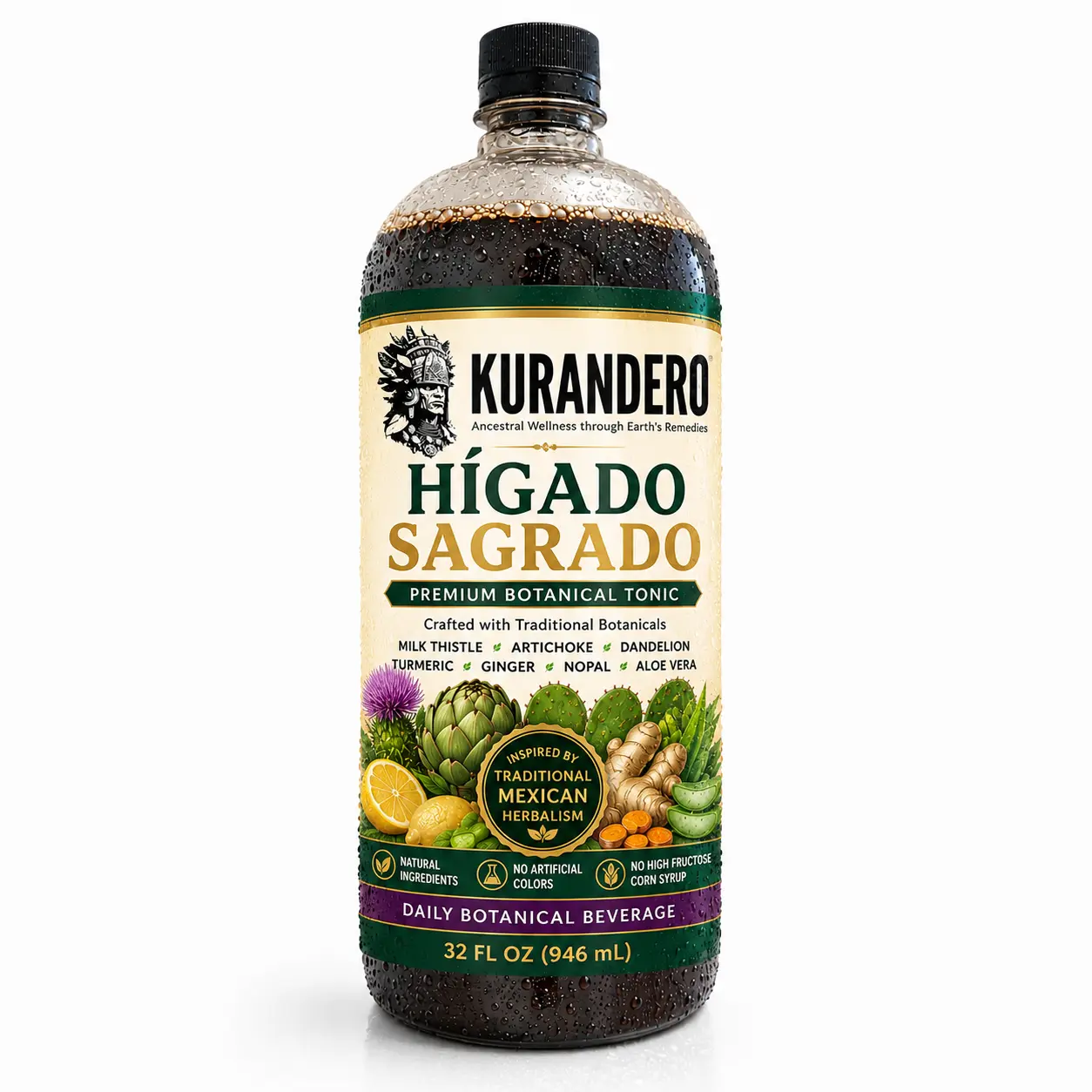 Hígado Sagrado Premium Botanical Tonic with Milk Thistle Artichoke Dandelion Turmeric Ginger Nopal Aloe Vera 32 Fl Oz
