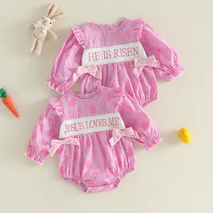 Babamoon Toddler Baby Girl Easter Plaid Romper Long Sleeve Jesus Loves Me Embroidery Onesie Bodysuit Easter Clothes 0-18 Months
