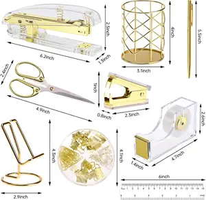 Gold Office Supplies Set Desk Accessories, Acrylic Stapler Set Staple Remover, Phone Holder, Tape Holder, Pen Holder, 2 Ballpoint Pen, Scissor, Binder Clips, Ruler, Transparent Glue and Staples