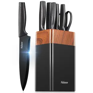 Yabano 7 Pieces Kitchen Knife Set with Universal PE Knife Block,Knife Block Set with Built-in Sharpener, Black Kitchen Knives for Chopping, Slicing, Dicing & Cutting Ergonomic Handle Sturdy Knife Set