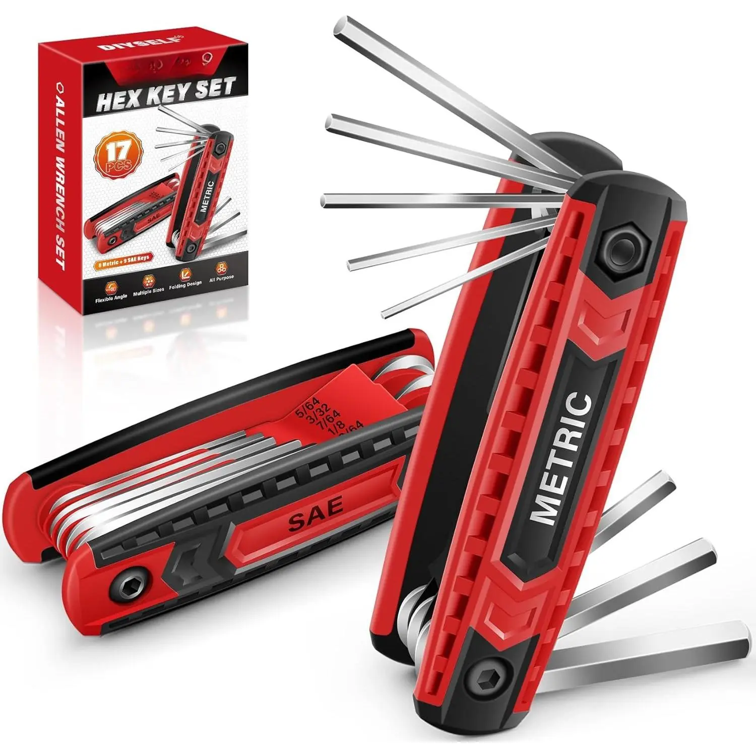 2-Pack Folding Allen Wrench Set - Compact, Portable, 17-Count, 8 SAE Sizes, 9 Metric Sizes, Heat-Treated Chrome Vanadium Steel, Precision-Machined Edges, Folding Design, Non-Slip Grip, Travel, Cycling Use, Manufacturer Warranty, Diy Projects