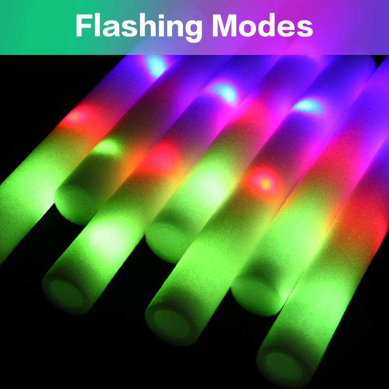 100Pack LED Foam Sticks Multi-Color Glow Sticks with 3 Flash Modes Battery-Powered High-Reflective Polymer for Parties Music Festivals Graduations Halloween Favors New Year Wedding Carnival Camping Party Decoration Gifts for Birthday Anniversary Plastic