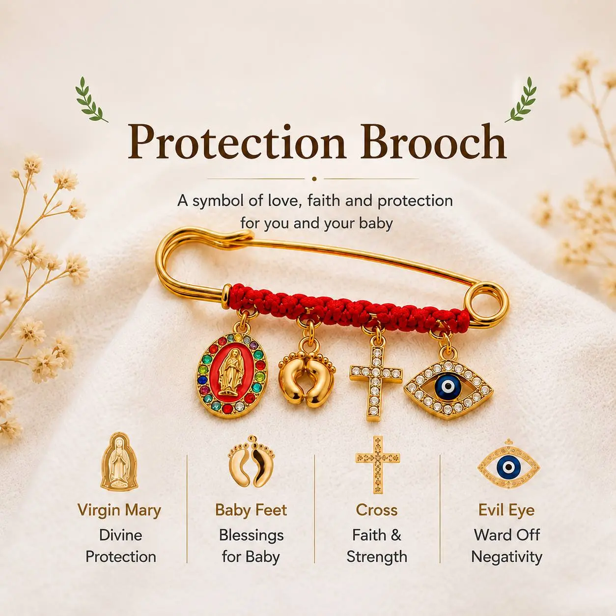 Protection Brooch for Mom to Be, Pregnancy Brooch Baby Shower Gift | Religious Safety Pin with Virgin Mary, Cross & Evil Eye Charms