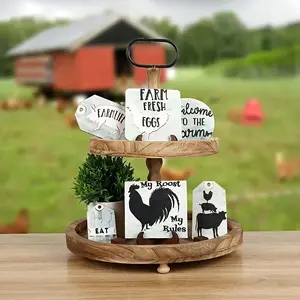Farmhouse Welcome Sign Set, 10pcs/set Wooden Coaster & Label, Chicken & Cow & Pig Design Farmhouse Decor, Home Decor Supplies for Farmhouse Style, Ornaments
