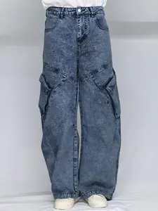 Lux Lee Medium Wash Stonewashed Cargo Jeans - Women's Baggy Dad Fit with Triple-Wash Utility Pockets & Leather Patch, High Waist Loose for Street & Casual Chic