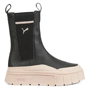 PUMA Womens Mayze Stack Round Toe Pull On Platform Chelsea Casual Boots Mid Calf Low Heel 1-2" - Black, Pink