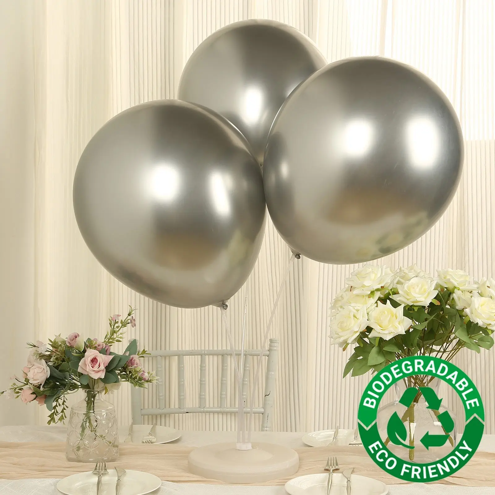 10-Pack Silver Biodegradable Latex Balloons, Eco-Friendly Thick Extra-Strong 18-in Helium Balloons for Birthday Party, Baby Shower - Festive & Party Supplies, 18-Inch