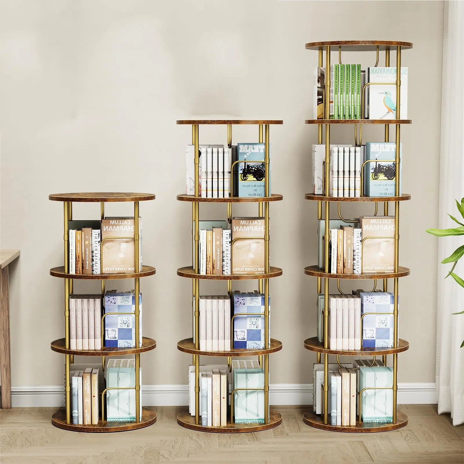 Gold 360° Rotating Stackable Bookcase - Narrow Width Floor-Stand Shelves, Book Storage Organizer for Bedroom/Living Room Corner