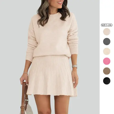 Imily Bela Womens Skirt 2 Piece Sweater Set Long Sleeve Crewneck Sweaters Pleated Mini Skirt Knit Lounge Sets