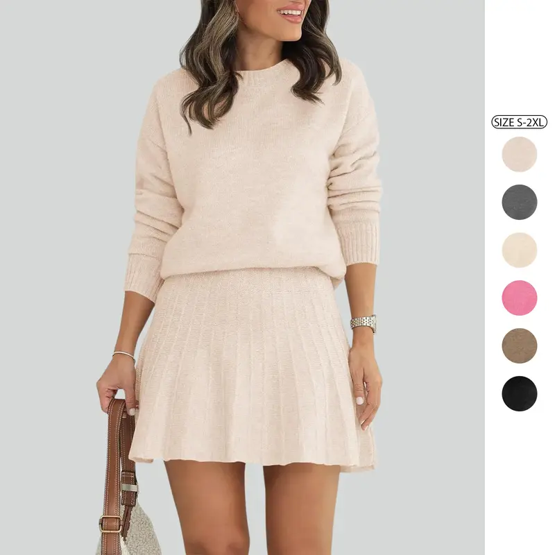 Imily Bela Womens Skirt 2 Piece Sweater Set Long Sleeve Crewneck Sweaters Pleated Mini Skirt Knit Lounge Sets