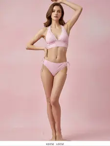 Two-Piece Set Women's Solid Color Bikini Set, Casual Fashion Chic Swimsuit Set, Ladies Swimwear for Beach Holiday Vacation