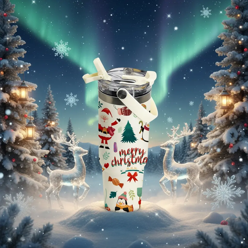 Auracup 1pc 30oz Christmas Tumbler with Handle and Straw, Cute Santa Claus, Penguin and Snowman Pattern Stainless Steel Travel Mug, Double Wall Vacuum Insulated Coffee Cup, Leakproof Reusable Water Bottle, Keeps Cold 12H & Hot 6H, Holiday Gift for Women