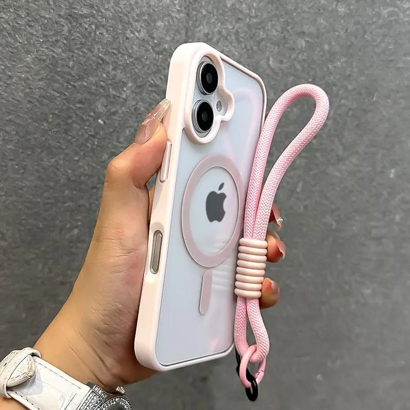 Luxury With Lanyard Clear For Magsafe Phone Case For iPhone 14 11 12 13 15 16 17Pro Max Shockproof Armour Wrist Strap Back Cover