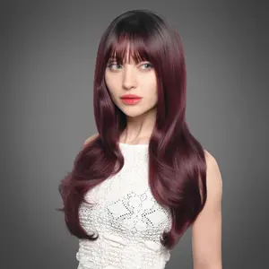 25-Inch Dark Cherry Burgundy (Black Roots) Natural Undone Waves Synthetic Wig | 【Heat Resistant】【Cap Included】 | FSGB