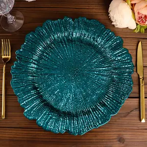 6-Pack Acrylic Plastic Round Charger Plates 13" in Peacock Teal with Reef Design, Dinner Charger Tableware