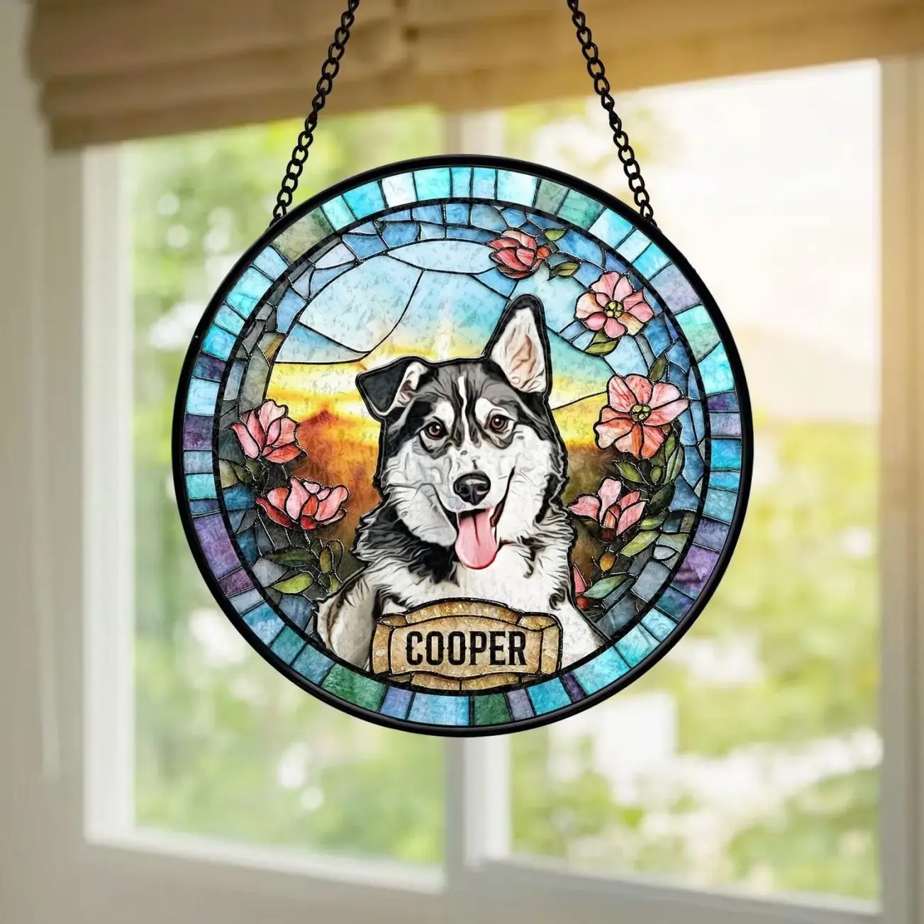 Personalized Dog Portrait Stained Glass Suncatcher, Custom Pet Memorial Stained Glass Photo Suncatcher