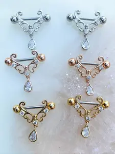 1Pair of Crystal Dangle Nipple Barbells, 14G Stainless Steel Nipple Rings Piercing Jewelry, Golden, Silvery, Rose Golden, Crystal Accents