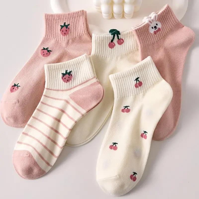 5 Pairs Women's Short Socks, Cute Cherry Strawberry Bunny Pattern, Comfortable Breathable Casual Street Style, All Seasons, Rib Knit Socks, Cute Ankle Socks