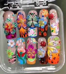 AuréNails – 3D Butterfly & Flower Press On Nails with Ladybug Accents, Colorful Tropical Handmade Nail Art Set – AN10