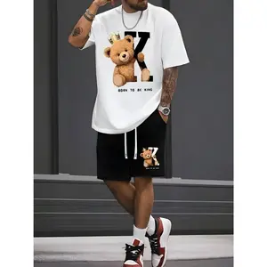 Born to Be King - Crown - Bear Print 2pcs Men's 2 Piece Outfit Short Sleeve Top and Shorts Matching Set for Summer Streetwear, Gym or Vacation Clothes Fabric