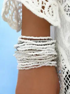 20 Piece Bohemian Grey and White Rice Bead Handmade Bead Stacked Bracelet for Women, Retro, Simple, Leisure, Versatile Resort Bracelet Set, Stackable Bracelet Set