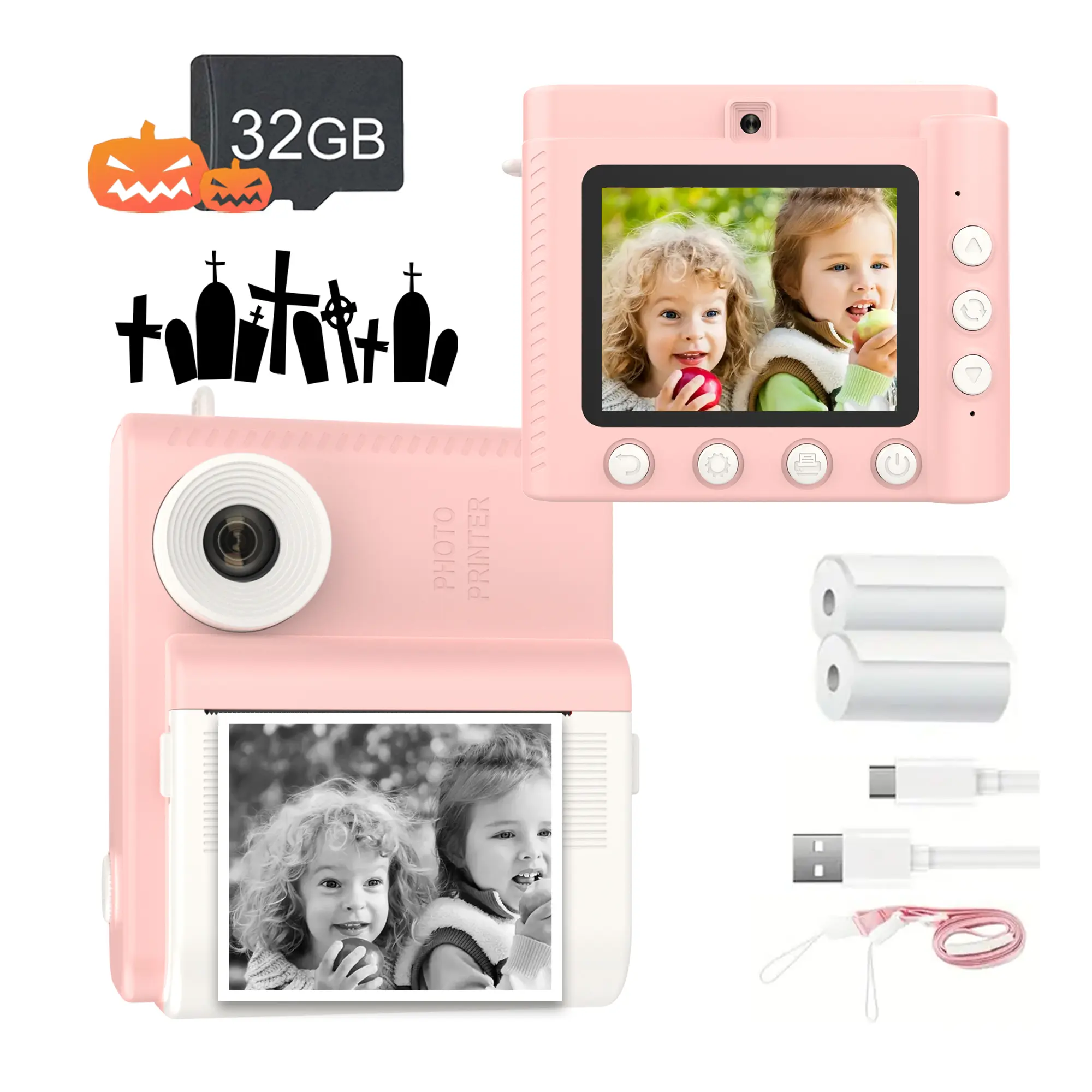 Thermal Paper Printer Camera, Dual Selfie Kids Camera with 1080P Video, Portable Travel Digital Camera Toy, Instant Print Camera, Unisex Gift for Children