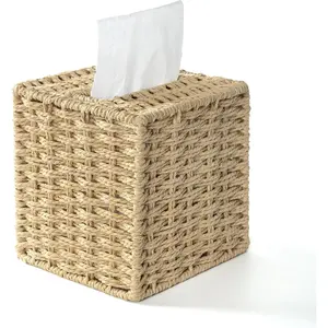 Farmhouse Tissue Box Cover Square, Hand Woven Strawpaper Facial Tissue Paper Holder, Cute Tissue Box Holder Square, Boho Bathroom Decor Box for Tissues Cube Box w/Elastic Bottom, Beige