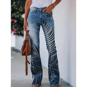 Plus Size Women'S Flared Jeans with Pockets - Floral Butterfly Dandelion Print Mid-Rise Slim Fit Lightweight Denim-Like Pants for Casual/Daily Wear Stretch, Breathable, Comfort Elastic Waist