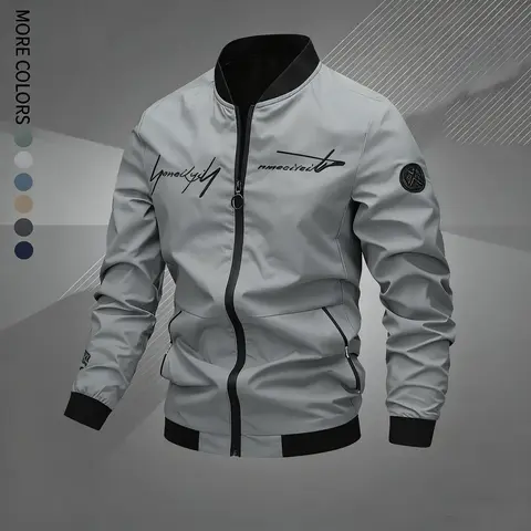 Men's Woven Regular Fit Letter Embroidered Zip-Up Pilot Jacket - Casual Comfy Jacket, Long-Sleeve Windproof Baseball Collar Coats for Autumn Winter Male Clothing, Work & Travel Clothes Products