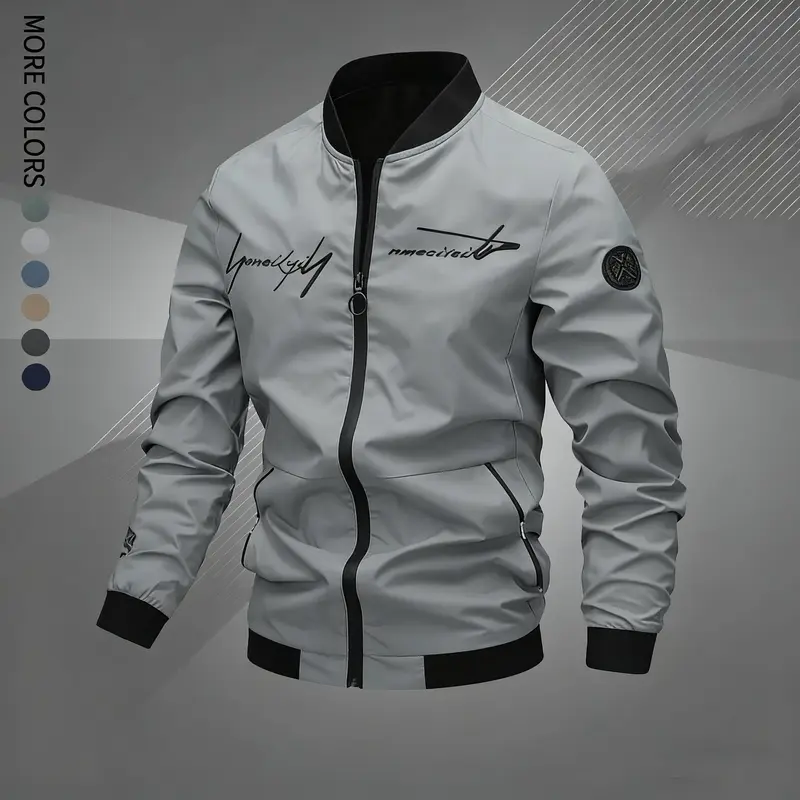 Men's Woven Regular Fit Letter Embroidered Zip-Up Pilot Jacket - Casual Comfy Jacket, Long-Sleeve Windproof Baseball Collar Coats for Autumn Winter Male Clothing, Work & Travel Clothes Products