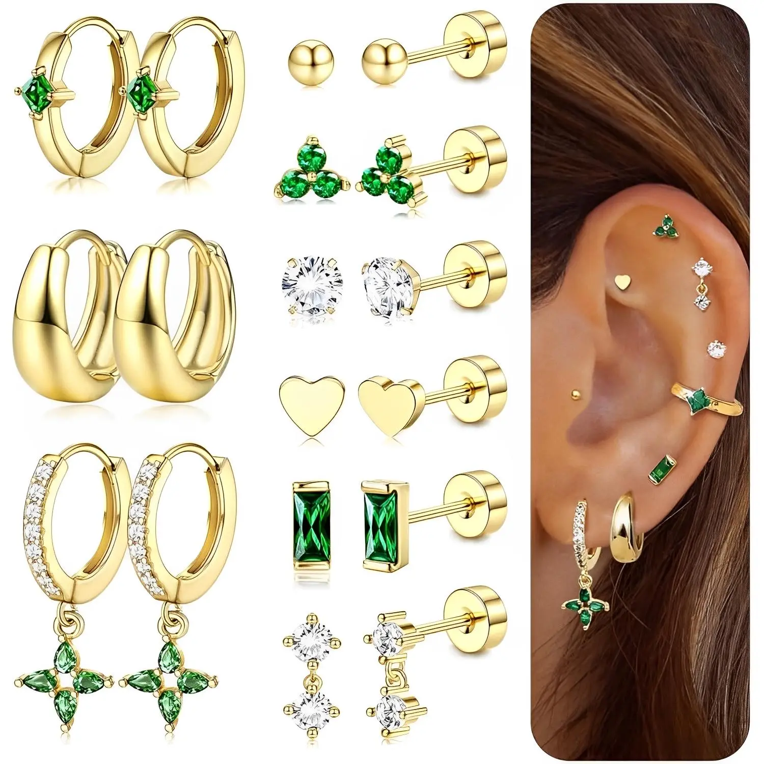 Fansilver Flat Back Earrings for Women 20G Surgical Stainless Steel Cartilage Earring Sets for Multiple Piercing Dainty Small Hoop Flatback Stud Earrings Hypoallergenic Chloe Earring Set Gold-Plated Summervibes