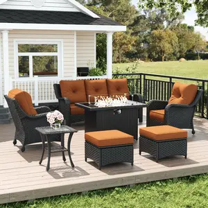 LayinSun 7-Piece Wicker Outdoor Furniture Set with 6-inch Comfy Cushions, High Back Patio Furniture Set with Rattan Armchairs and Fire Pit Table, Multiple Packages summervibes