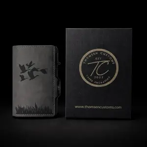 Thomsen Customs Duck Hunting Pop Up Wallet Gray Leather Laser Engraved Crown of Thorns Cross Design Slim RFID Blocking Everyday Carry