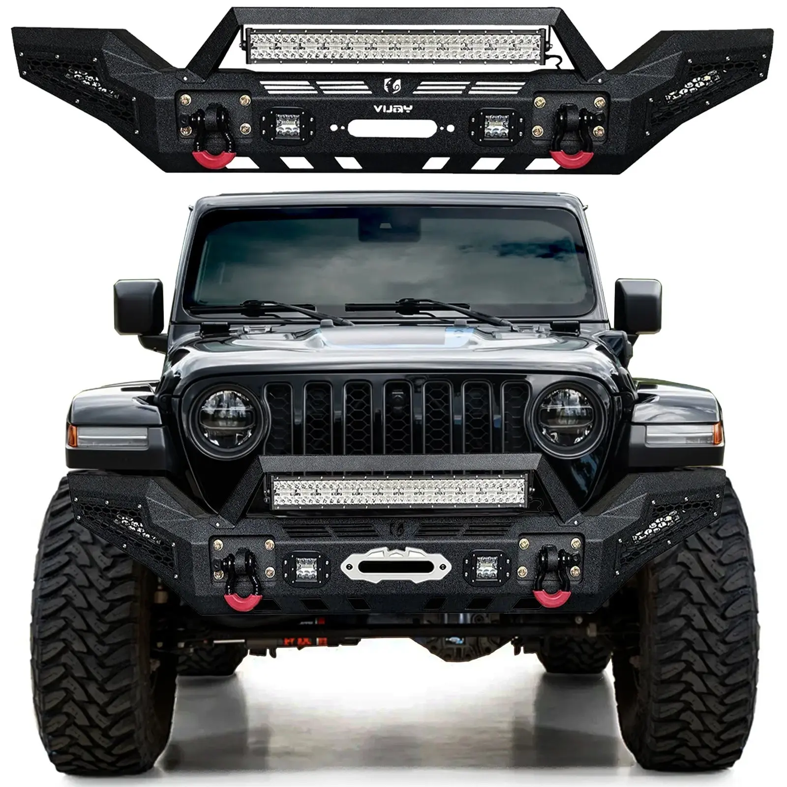 Vijay Steel Front Bumper with Winch Plate, 144W & 4x24W LED Lights, 2 D-Rings, 70.79x13.7x14.49 Inches for 2007-2024 Jeep Wrangler JK/JL & Gladiator JT, 144W And 4X24w Led Lights