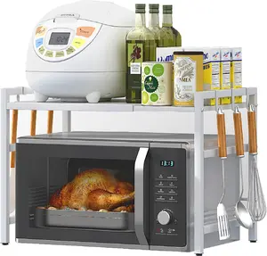 NEW Microwave Oven Rack, Expandable Microwave Stand Countertop 2 Tier Kitchen Utensils Tableware Storage, Carbon Steel Over Microwave Shelf Countertop with 6 Hooks(white)