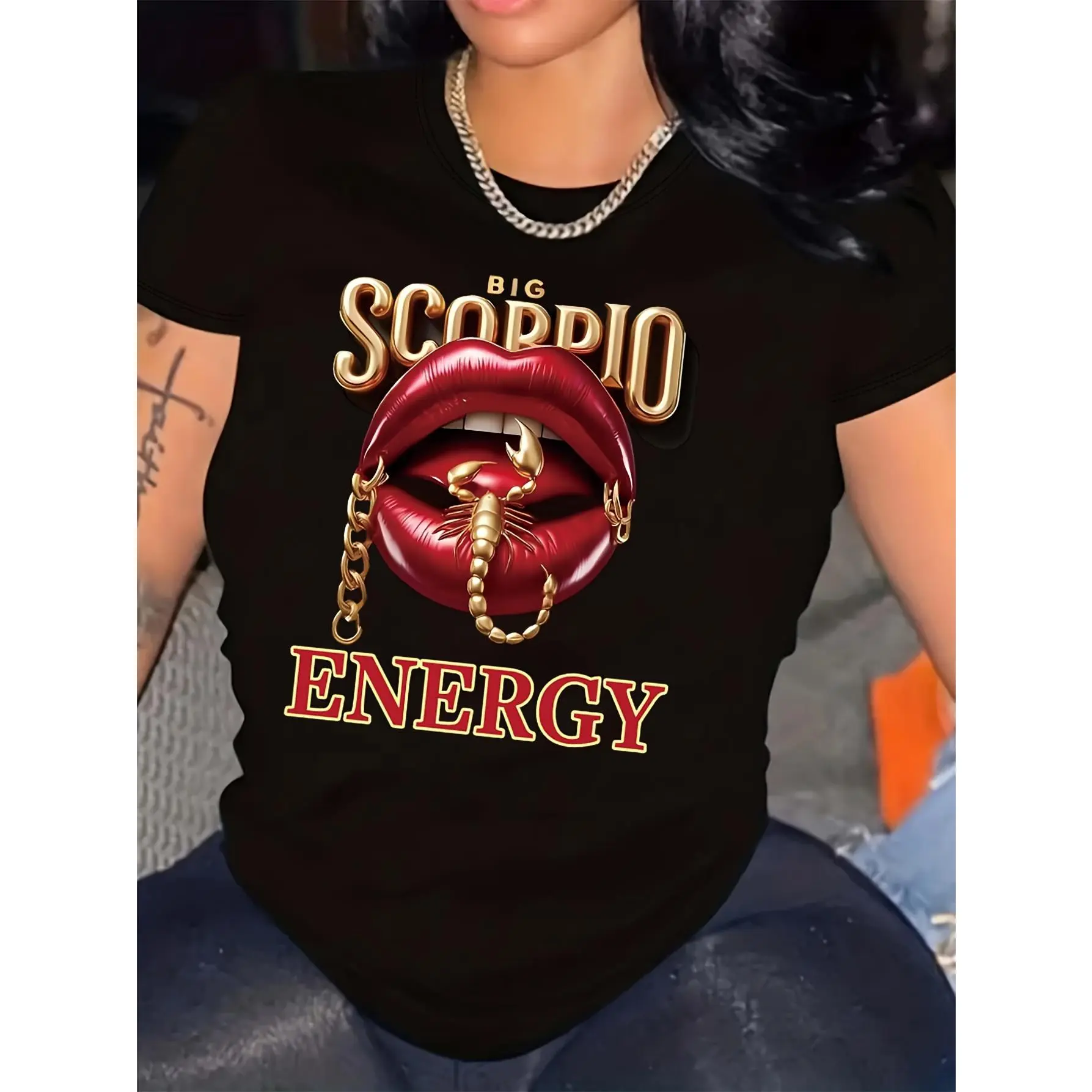 [100% Cotton] Women'S "Big Scorpio Energy" Graphic Tee - Casual Black Crew Neck T-Shirt With Red Lips & Golden Chain Detail, Short Sleeve, Polyester Blend, Machine Washable - Perfect For Spring & Summer, Ladies T Shirts T-Shirt For Men And Women