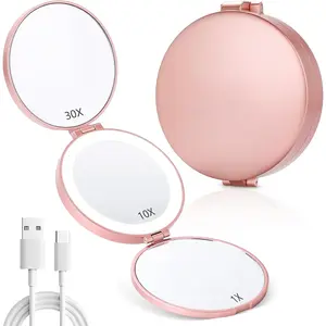Compact Travel Mirror with Light - 1X/10X/30X Magnification, Brightness Adjustment & 3 Color Lights
