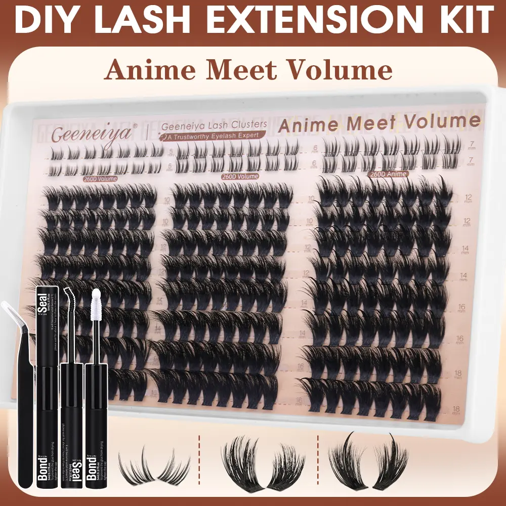 Geeneiya Anime Meet Volume Lash Clusters Kit with Bottom Lashes |Volume Lashes |Spiky Lashes | with Waterproof Lash Bond and Seal, Tweezers,DIY Lash Clusters Kit D Curvature #sohochic