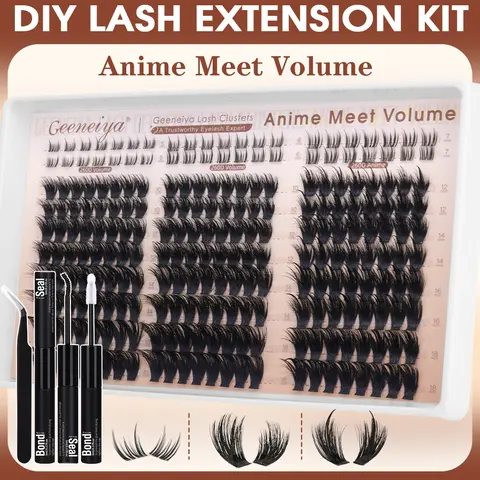 Geeneiya Anime Meet Volume Lash Clusters Kit with Bottom Lashes |Volume Lashes |Spike Lashes | with Waterproof Lash Bond and Seal, Tweezers,DIY Lash Clusters Kit D Curvature #sohochic