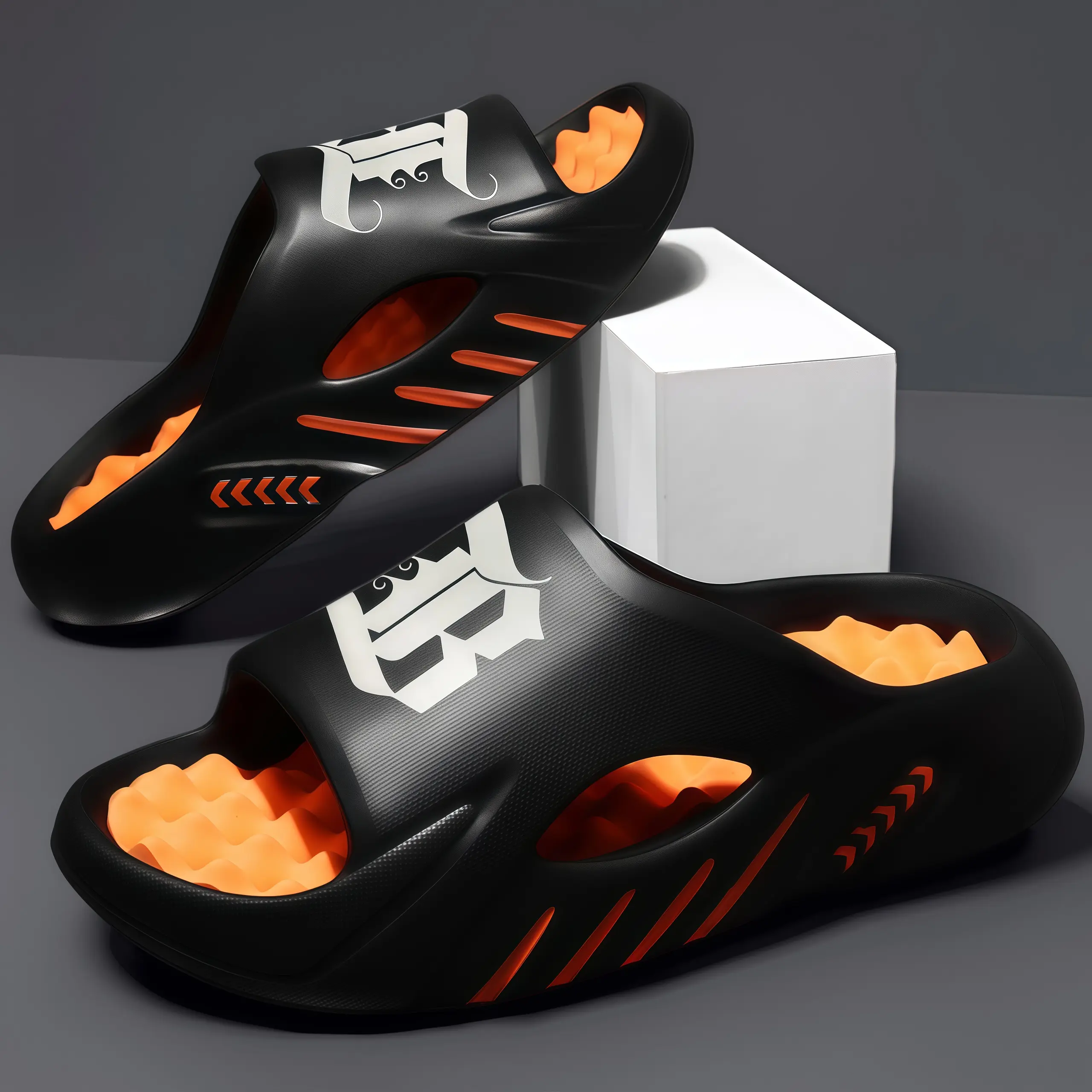 Men's Retro Letter B Print EVA Slides, Thick-Sole Arch Support Recovery Sandals, Lightweight Hollow Open-Toe Walking Shoes for Indoor & Outdoor Use, Footwear