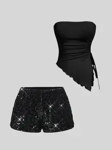 Spring Summer Fall Fashion Versatile Trendy Women's Strapless Drawstring Crop Top Vest Set with Sequin Shorts, Casual Fitted Style