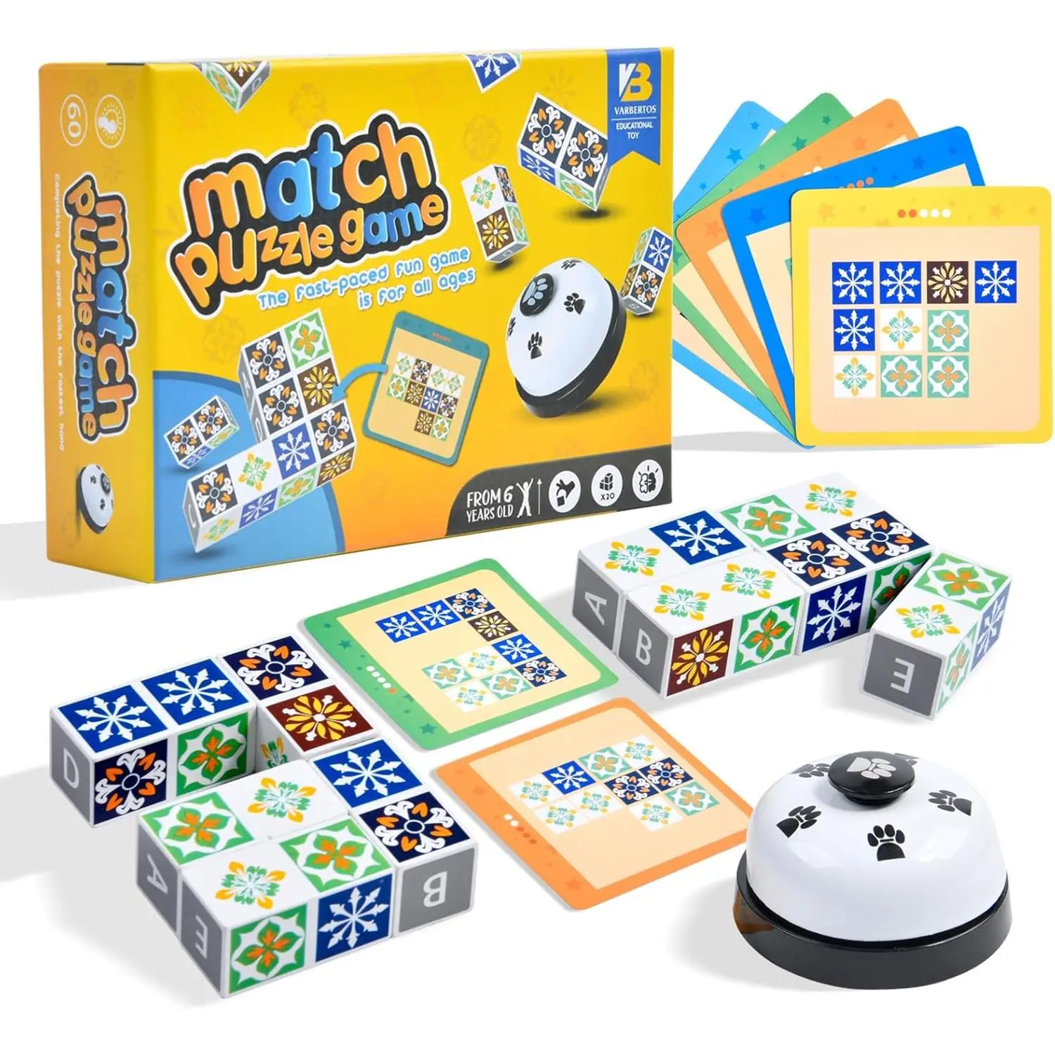 X-JP05 Wooden Matching Game Puzzle Games, Pattern Block Match Puzzles Building Cubes with Bell for Kids and Adults Toys Board Games for Family Night