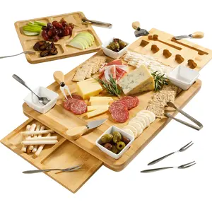 Gibson Home Rustic Inspirations 18-Piece Bamboo Charcuterie Board Set for Serving – Large Cheese & Fruit Tray with Hidden Drawer, Ceramic Bowls, Utensils – Gift for Entertaining, Housewarming, Holidays