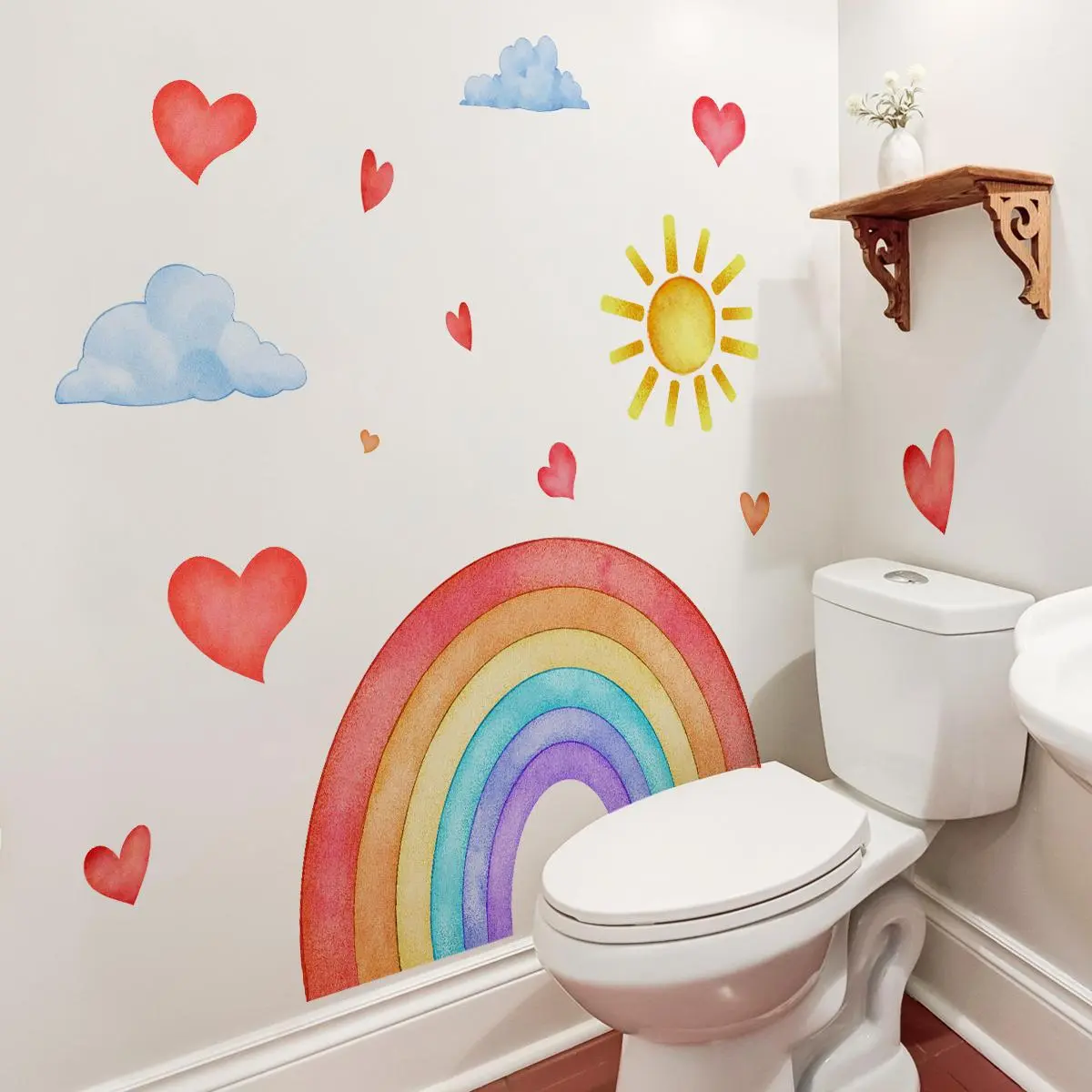 Rainbow & Cloud Pattern Wall Sticker, 1 Set Self Adhesive Wall Decal, Decorative Sticker for Home Bathroom Living Room Bedroom, Bathroom Decoration, Ornaments, Rainbow Wall Decals