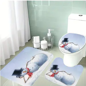 Christmas Snowman Bathroom Mat Set, 3-Piece Bath Rug, Toilet Lid Cover, U-Shaped Pad, Flannel Material, Non-Slip, Holiday Decoration