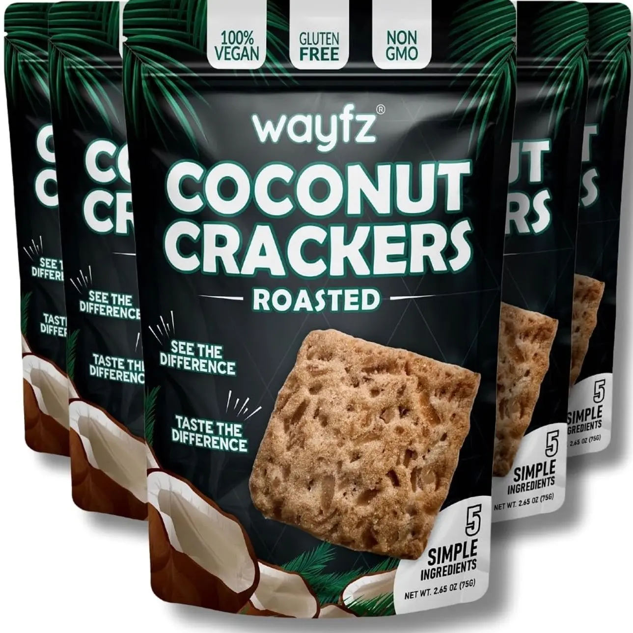 Roasted Coconut Crackers – Vegan Snack & Gluten Free Cracker Made with 100% Real Coconut – Organic, Dairy Free, Non-GMO, Lightly Sweet & Crunchy – 2 Coconuts in Every Bag - (Pack of 5)
