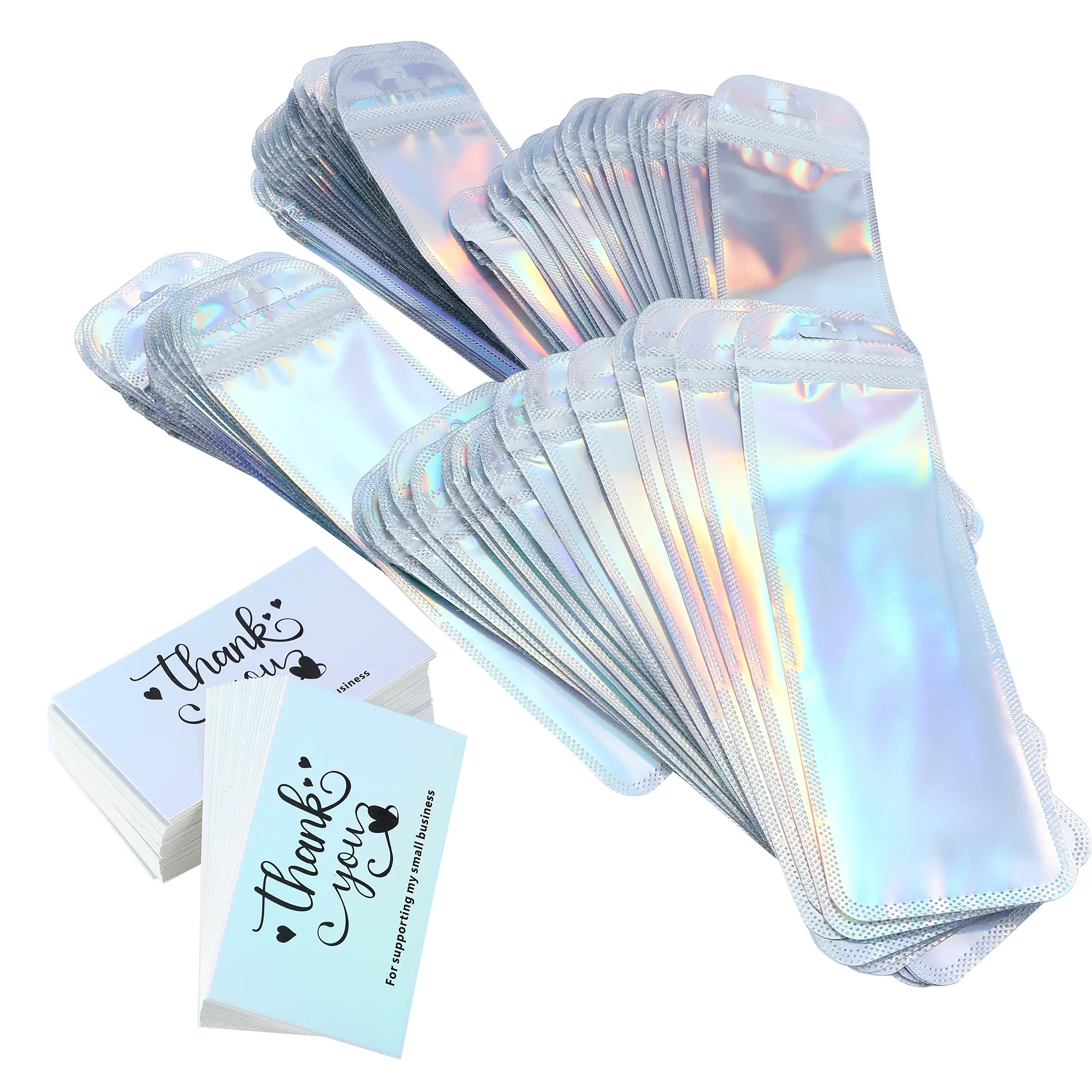 100 PCS (50 PCS storage bags + 50 PCS thank-you cards) - Featuring a holographic and colorful design, it is suitable for storing pens, makeup brushes, jewelry and lipsticks. It is ideal for packaging and storage for daily parties and holiday gifts.
